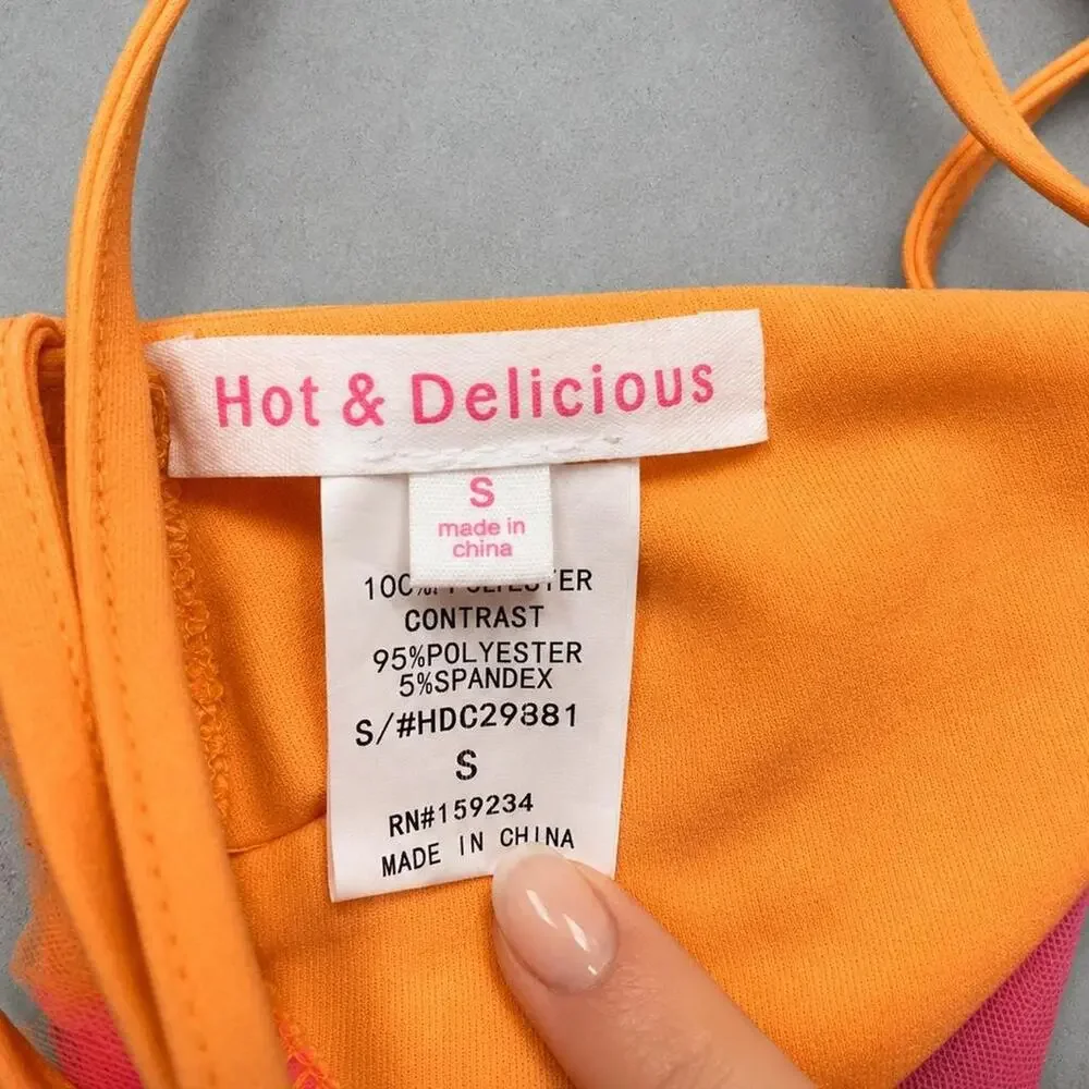 Hot & Delicious Neon Pink Orange Ruffle Bikini Set Mini Skirt Festival Size S